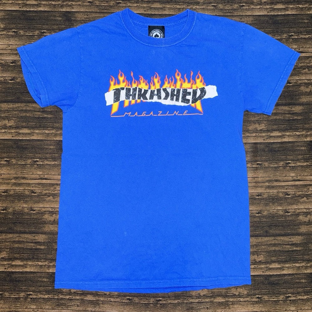 Thrasher Magazine Men's Graphic T Shirt Size Small Blue Skate Flames Streetwear